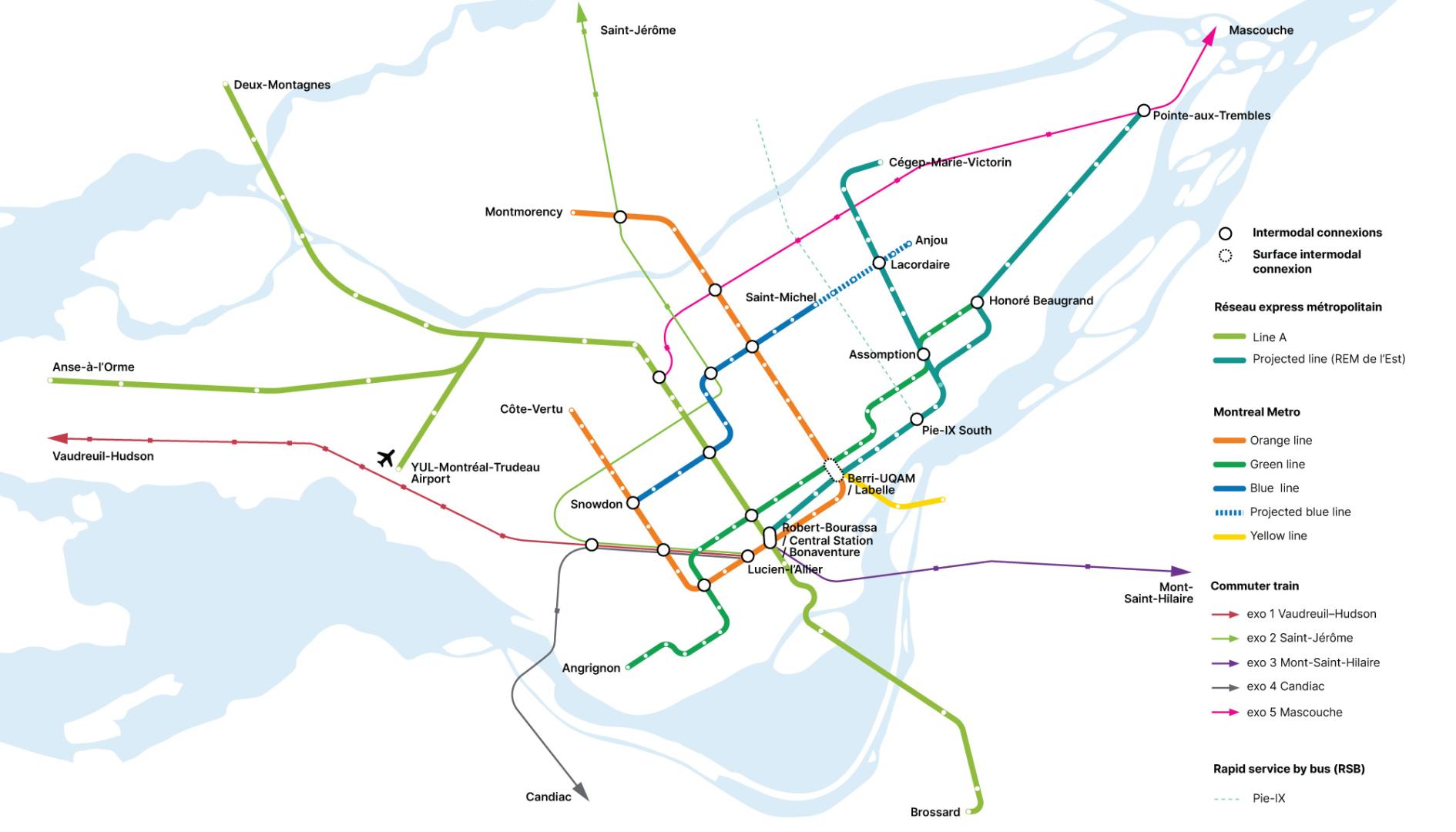 Map of all public transit in the greater Montreal area