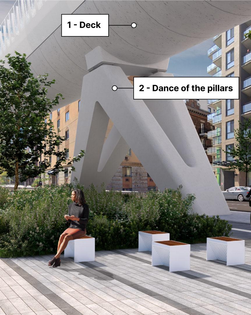 Preliminary rendering of the deck and the pillars of the REM de l'Est